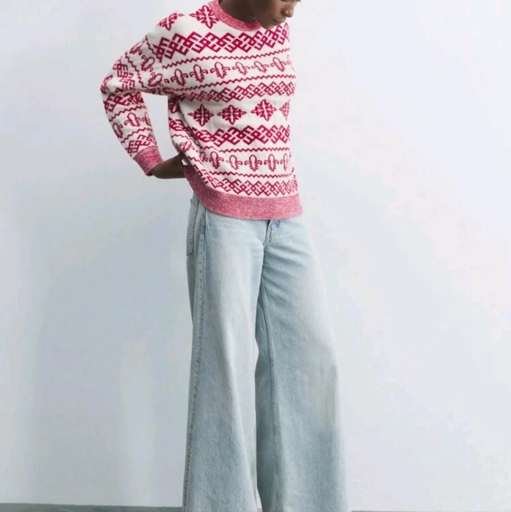 Women's Casual Crew Neck Loose Fit Colorblock Geometric Snowflake Graphic Sweate - Picture 3 of 3